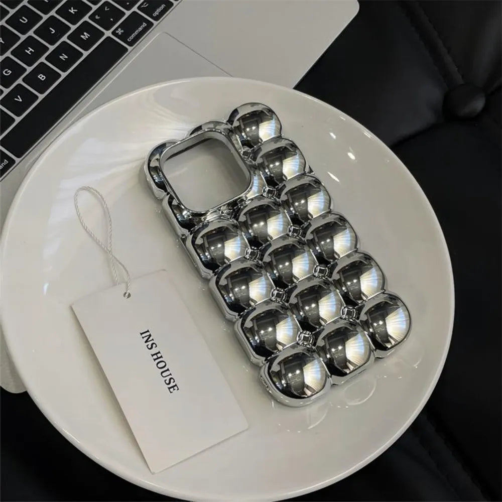 egg | 3D Egg Pattern Phone Case For iPhone 16 15 14 13 12 11 Pro Max Luxury Fashion Electroplate Silver Soft Shockproof Cover