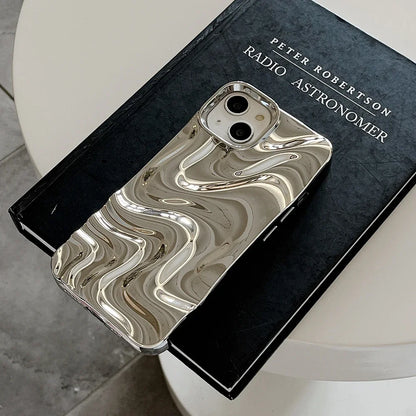 waves | 3D Electroplated Water Ripple Pattern Silver Phone Case For iPhone 15 14 13 12 11 Pro Max Soft Shockproof Cover