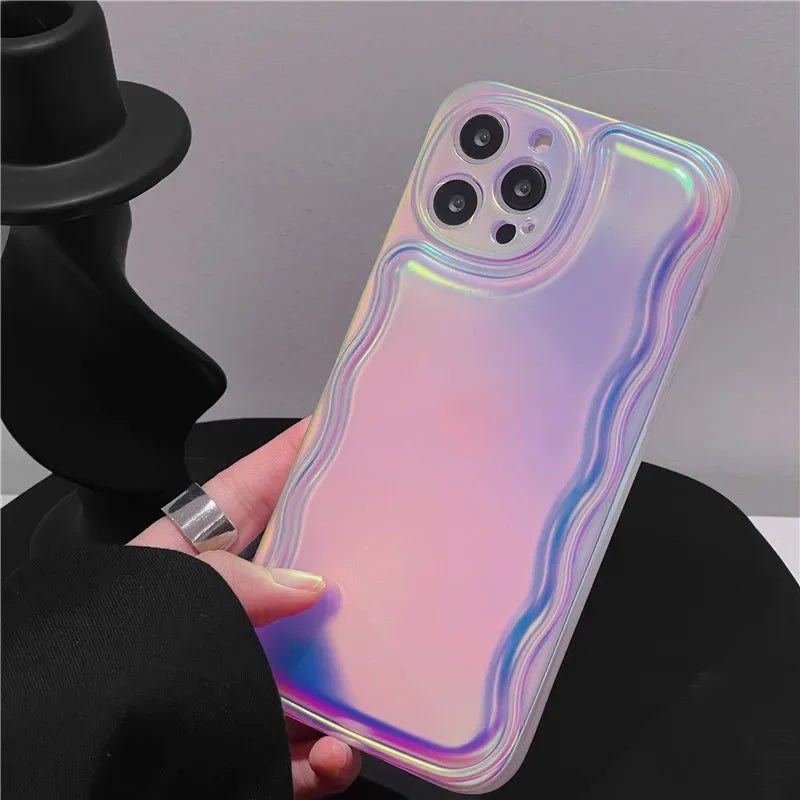 space | Holographic Laser Wavy Frame Case For iPhone 15 14 13 12 11 Pro Max XR X XS Max Reflective Luxury Shockproof Soft Phone Cover