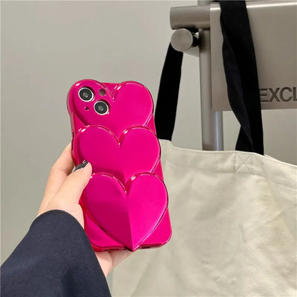 love | Neon Hot Pink Heart Case for iPhone 15 14 13 Pro Max Silicone Luxury Electroplated Booming 3D Hearts Cover for iPhone 15 Pro Max