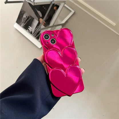 love | Neon Hot Pink Heart Case for iPhone 15 14 13 Pro Max Silicone Luxury Electroplated Booming 3D Hearts Cover for iPhone 15 Pro Max