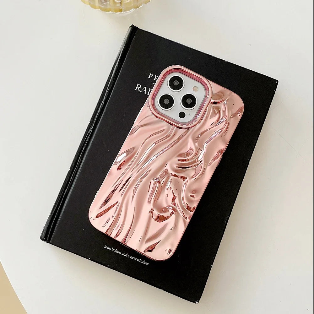 water | 3D Electroplated Pleated Pattern Silver Phone Case For iPhone 16 15 14 13 12 11 Pro Max 14promax Soft Shockproof Cover