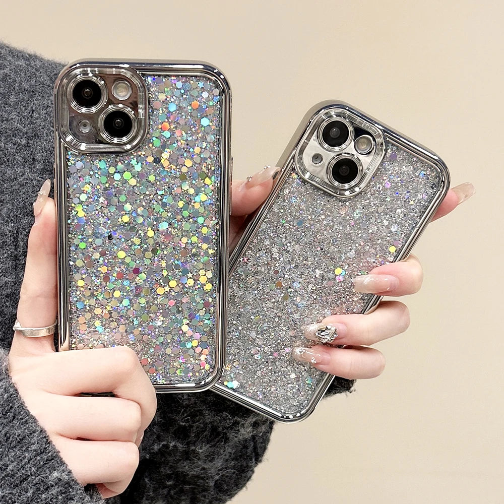 sequins | Glitter Powder Sequins Silver Phone Case For iPhone 15 14 13 12 11 Pro Max 14promax Soft Shockproof TPU Back Cover