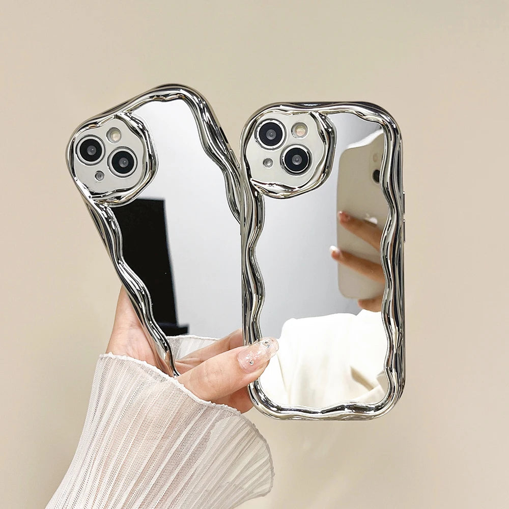 edge | 3D Silver Cream Edge Mirror Phone Case For iPhone 15 14 13 12 11 Pro X XR XS Max 7 8 plus 6 6s Soft Shockproof Cover