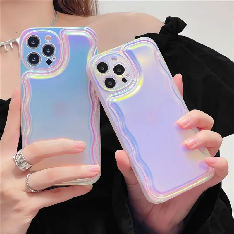 space | Holographic Laser Wavy Frame Case For iPhone 15 14 13 12 11 Pro Max XR X XS Max Reflective Luxury Shockproof Soft Phone Cover