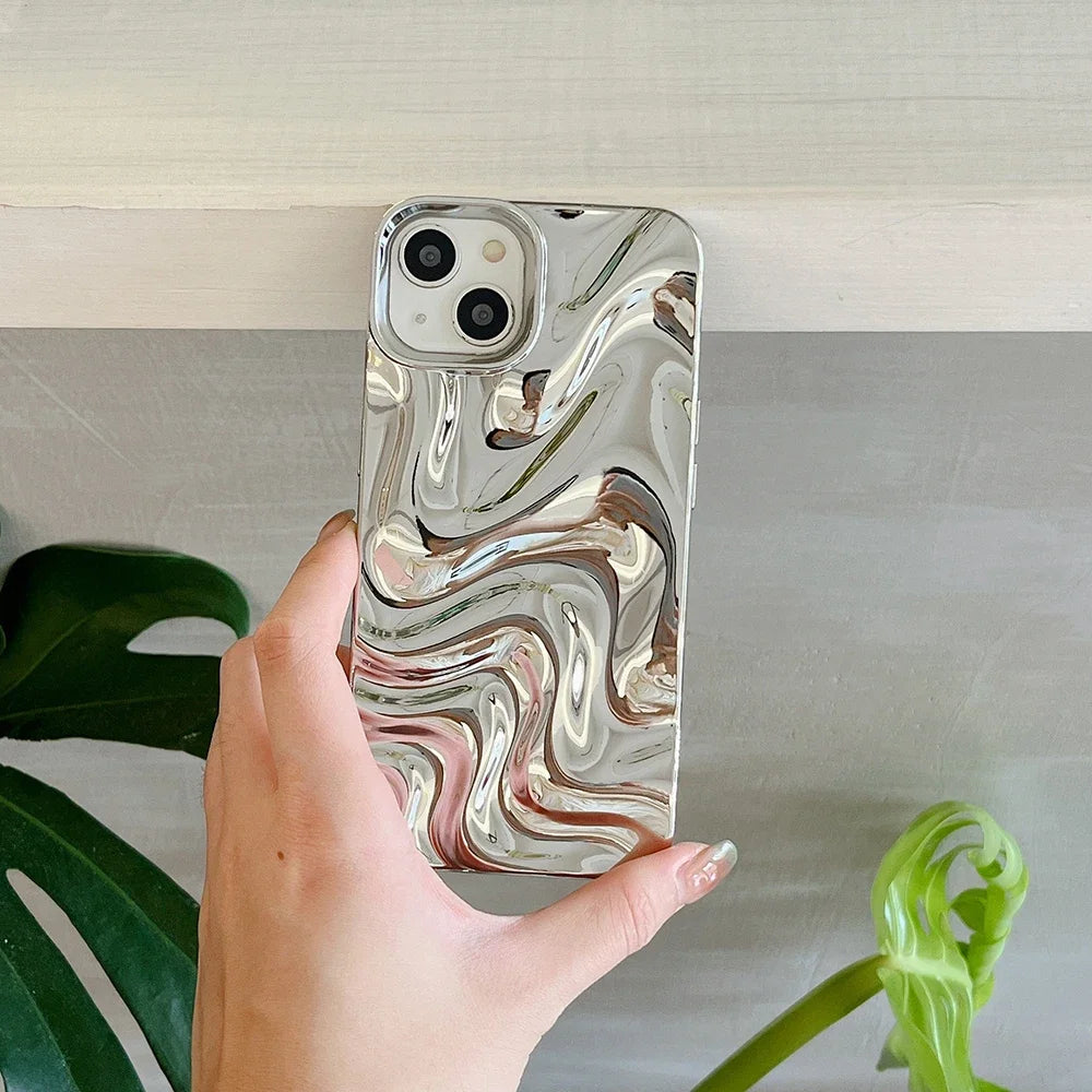 waves | 3D Electroplated Water Ripple Pattern Silver Phone Case For iPhone 15 14 13 12 11 Pro Max Soft Shockproof Cover