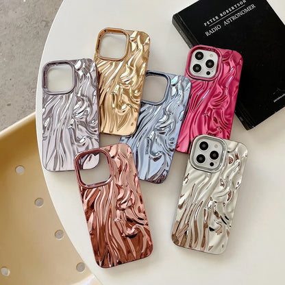 water | 3D Electroplated Pleated Pattern Silver Phone Case For iPhone 16 15 14 13 12 11 Pro Max 14promax Soft Shockproof Cover