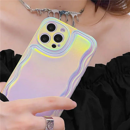 space | Holographic Laser Wavy Frame Case For iPhone 15 14 13 12 11 Pro Max XR X XS Max Reflective Luxury Shockproof Soft Phone Cover