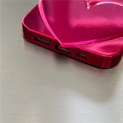 love | Neon Hot Pink Heart Case for iPhone 15 14 13 Pro Max Silicone Luxury Electroplated Booming 3D Hearts Cover for iPhone 15 Pro Max