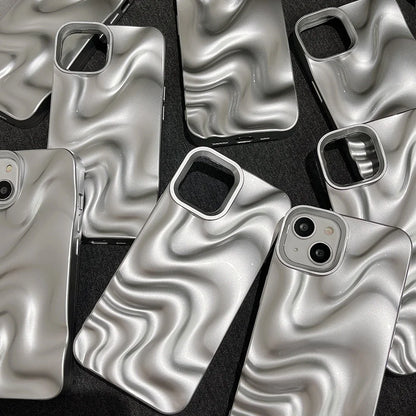 waves | 3D Electroplated Water Ripple Pattern Silver Phone Case For iPhone 15 14 13 12 11 Pro Max Soft Shockproof Cover