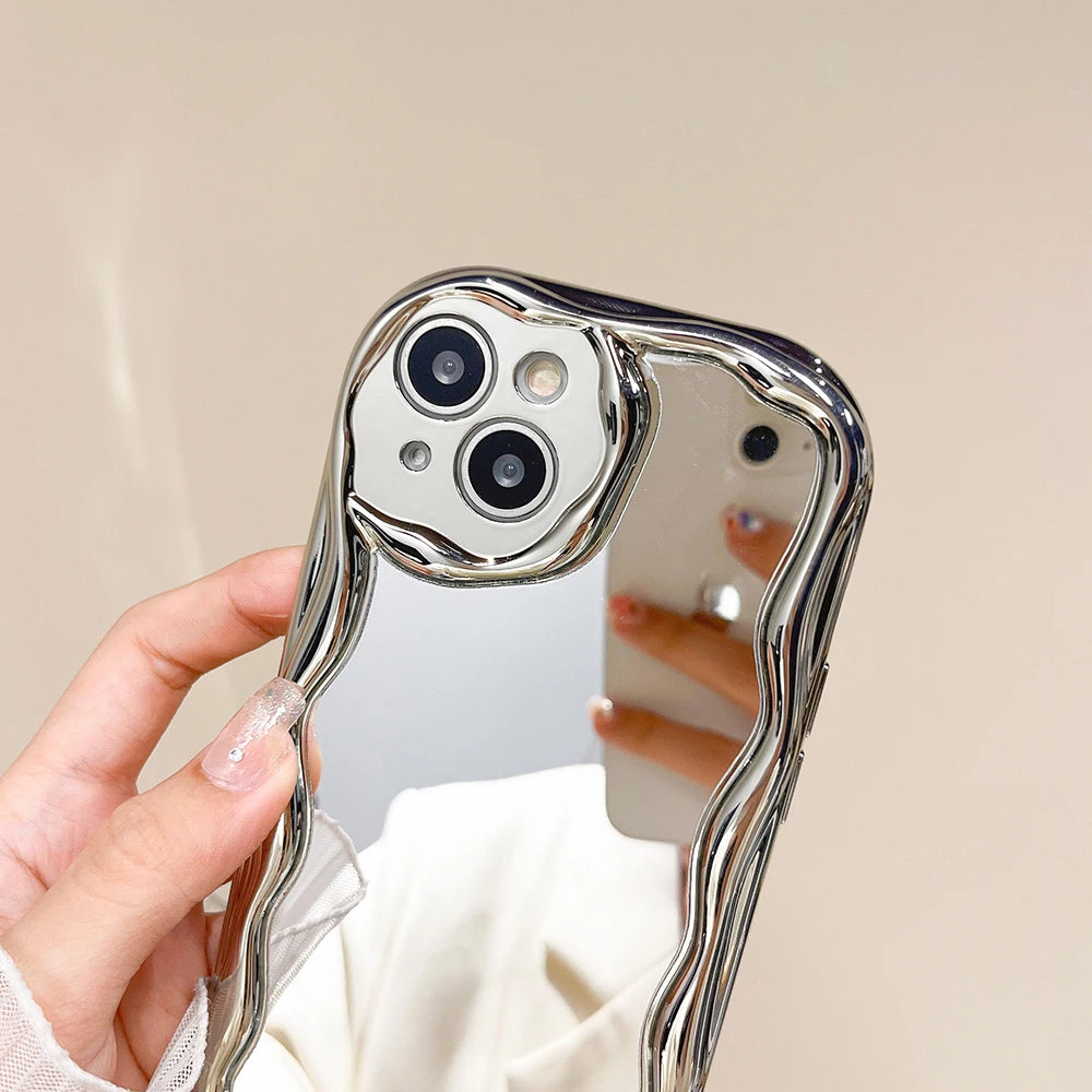 edge | 3D Silver Cream Edge Mirror Phone Case For iPhone 15 14 13 12 11 Pro X XR XS Max 7 8 plus 6 6s Soft Shockproof Cover