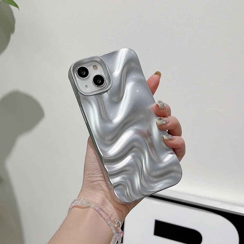 waves | 3D Electroplated Water Ripple Pattern Silver Phone Case For iPhone 15 14 13 12 11 Pro Max Soft Shockproof Cover