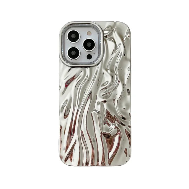 water | 3D Electroplated Pleated Pattern Silver Phone Case For iPhone 16 15 14 13 12 11 Pro Max 14promax Soft Shockproof Cover