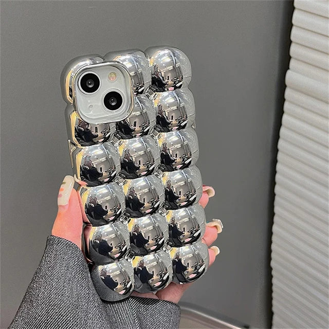 egg | 3D Egg Pattern Phone Case For iPhone 16 15 14 13 12 11 Pro Max Luxury Fashion Electroplate Silver Soft Shockproof Cover