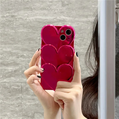 love | Neon Hot Pink Heart Case for iPhone 15 14 13 Pro Max Silicone Luxury Electroplated Booming 3D Hearts Cover for iPhone 15 Pro Max