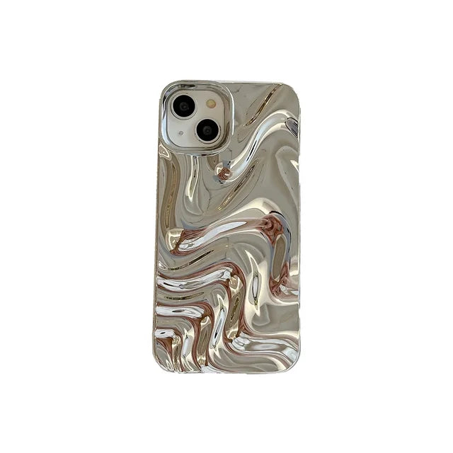 waves | 3D Electroplated Water Ripple Pattern Silver Phone Case For iPhone 15 14 13 12 11 Pro Max Soft Shockproof Cover