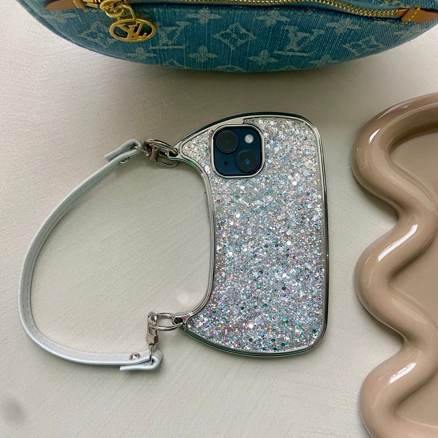 Bag iPhone Case - iPhone Bag Case with Wrist Strap - Glitter, Grey, White - Mini Handbag Design for iPhone 15 to X (Pro, Pro Max, Plus)