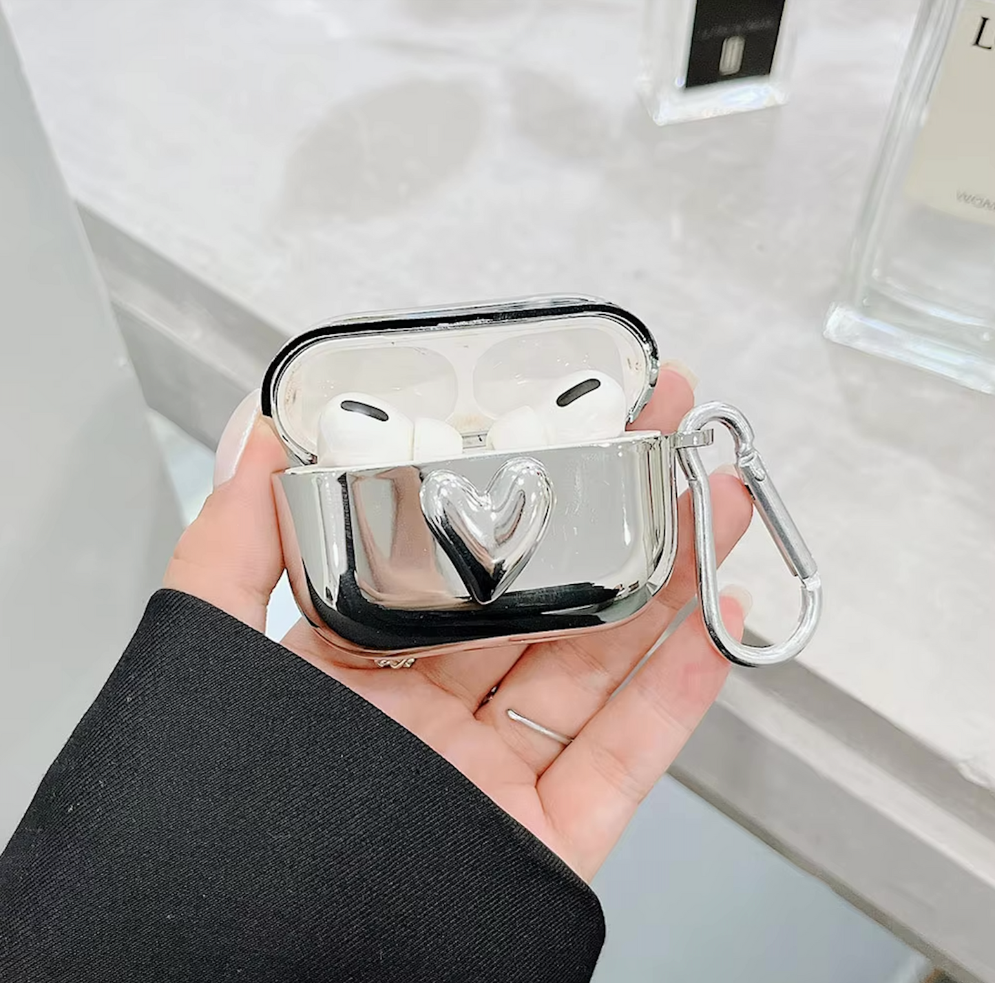 silver | Luxury Electroplated Silver Earphone Box For Apple Airpods Pro Case for AirPods 1 2 3 Cover Simple Abstract Heart Keyring Shell