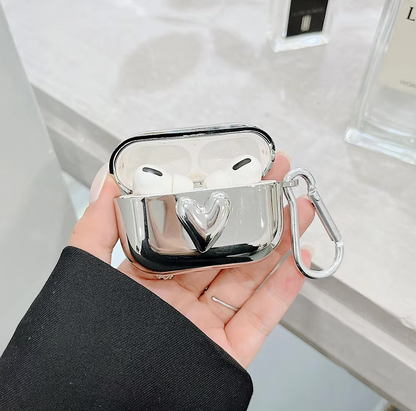 silver | Luxury Electroplated Silver Earphone Box For Apple Airpods Pro Case for AirPods 1 2 3 Cover Simple Abstract Heart Keyring Shell