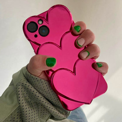 love | Neon Hot Pink Heart Case for iPhone 15 14 13 Pro Max Silicone Luxury Electroplated Booming 3D Hearts Cover for iPhone 15 Pro Max