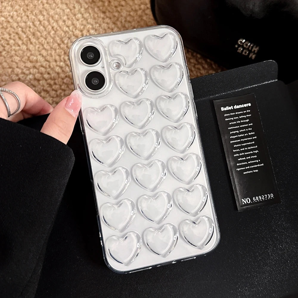 Hearts iPhone Case - 3D Heart Design in Silver, Pink, Purple, Transparent, Rose Gold Cover for iPhone 16, 15, 14, 13, 12, 11 (Pro, Pro Max, Plus)