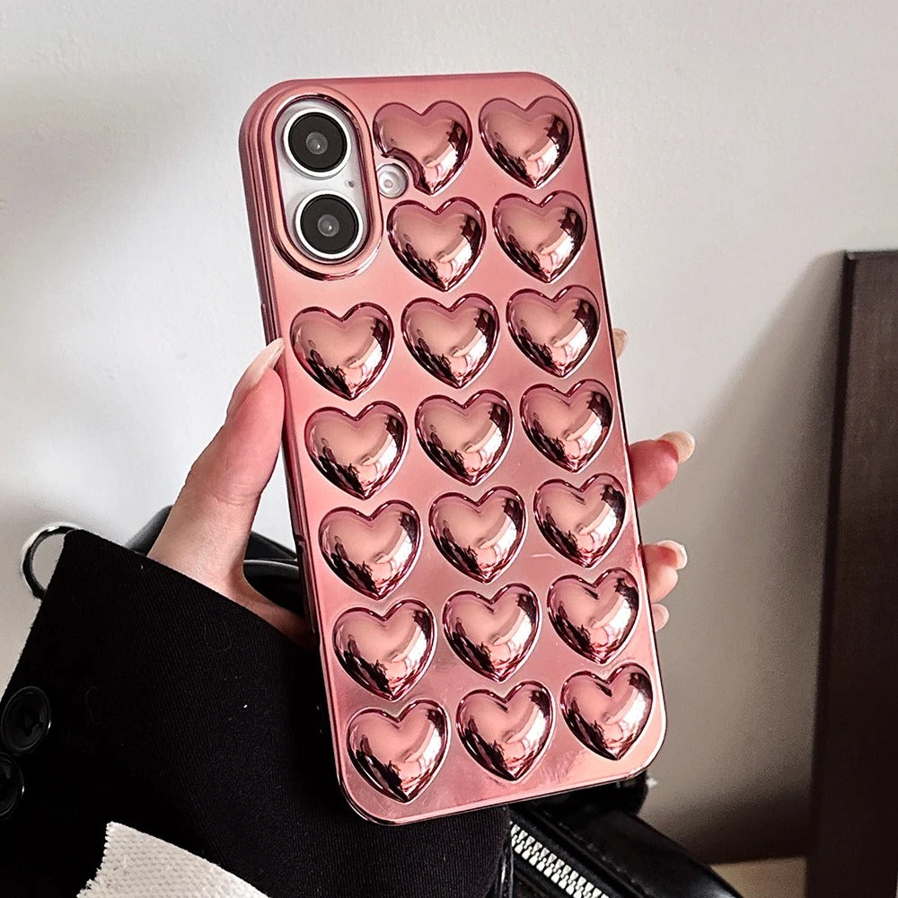 Hearts iPhone Case - 3D Heart Design in Silver, Pink, Purple, Transparent, Rose Gold Cover for iPhone 16, 15, 14, 13, 12, 11 (Pro, Pro Max, Plus)