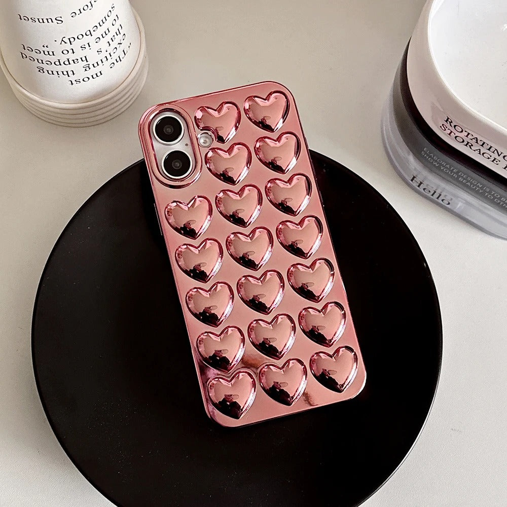 Hearts iPhone Case - 3D Heart Design in Silver, Pink, Purple, Transparent, Rose Gold Cover for iPhone 16, 15, 14, 13, 12, 11 (Pro, Pro Max, Plus)