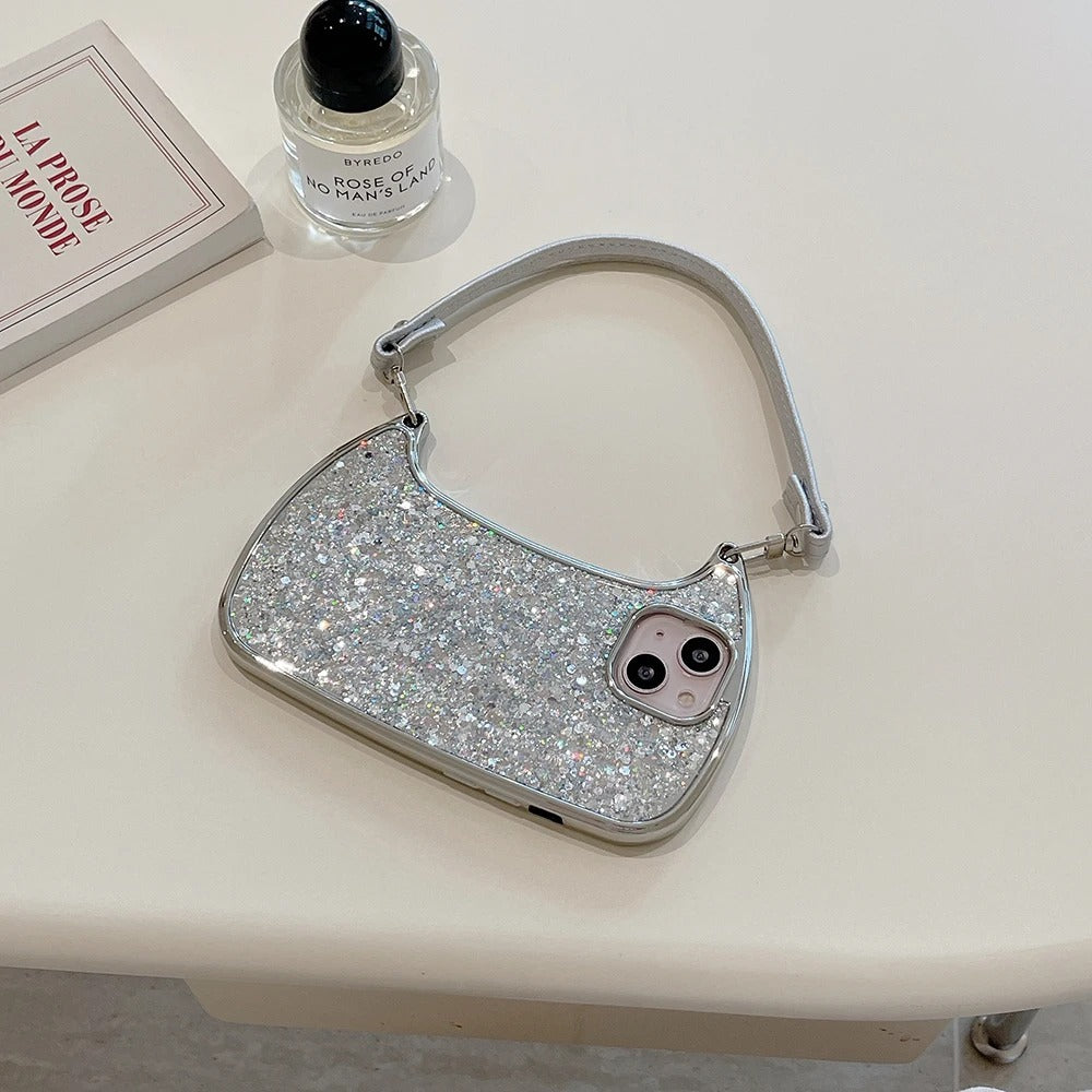 Bag iPhone Case - iPhone Bag Case with Wrist Strap - Glitter, Grey, White - Mini Handbag Design for iPhone 15 to X (Pro, Pro Max, Plus)