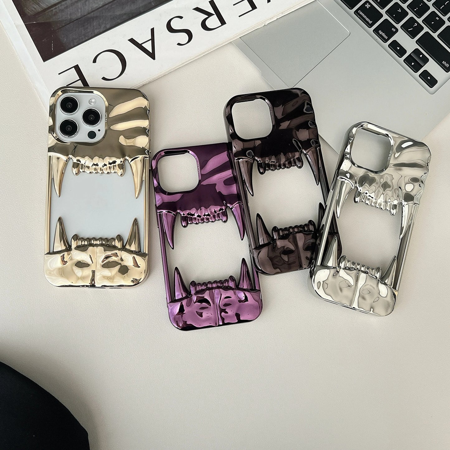 Teeth iPhone Case - 3D Metallic Statement Design in Silver, Black, Gold & Purple Cover for iPhone 16, 15, 14, 13, 12, 11 (Pro, Pro Max, Plus)