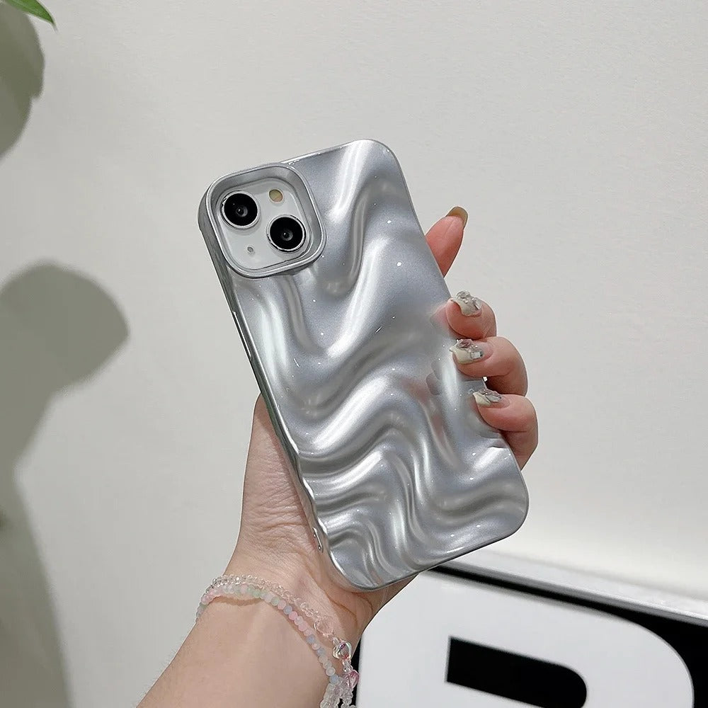 Waves iPhone Case - Unique 3D Textured Wave Design in Silver & Matte Silver for iPhone 16, 15, 14, 13, 12, 11 (Pro, Pro Max) - Stylish Cover