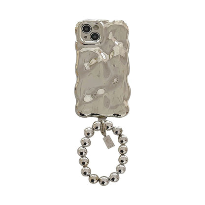 Bubble Beads iPhone Case - 3D Textured Silver with Detachable Beaded Strap for iPhone 16, 15, 14, 13, 12, 11 (Pro, Pro Max, Plus)