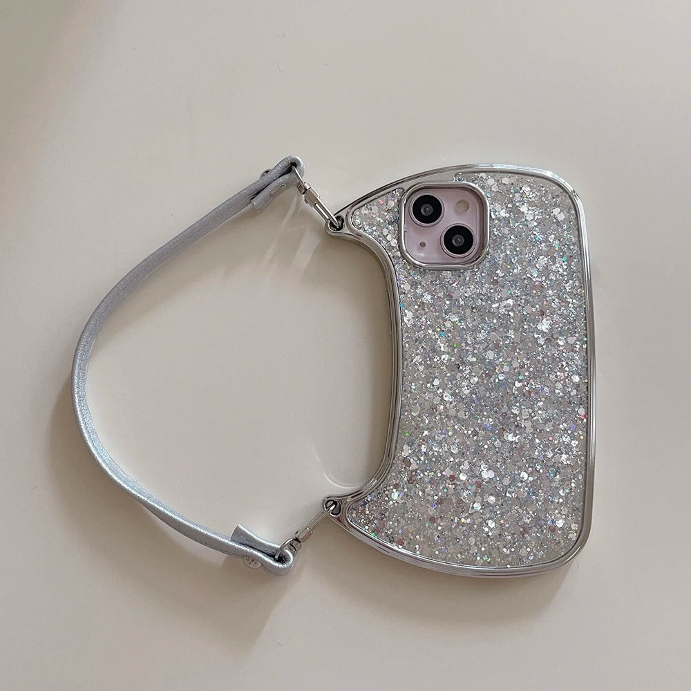 Bag iPhone Case - iPhone Bag Case with Wrist Strap - Glitter, Grey, White - Mini Handbag Design for iPhone 15 to X (Pro, Pro Max, Plus)